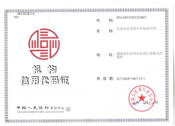长沙县杰龙青少年特训学校机构信用代码证